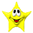 Yellow star-shaped character with white eyes, black pupils, red mouth, and smiling expression in two of three