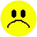 Yellow circular icon with black eyes and mouth; sad expression shows downturned mouth, no animation.