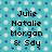 Pixelated text on a blue and white patterned background with names Julie Natalie Morgan & Sdy and BFFL <33.
