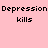 Animated contact sheet of 25 frames showing progressive text and symbol changes on a pink background, with 'Depression' repeated at the top and evolving 'Kills' symbols below.