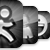 Pixelated grayscale icon showing a stylized figure with a circular head and crossed arms, holding a white object resembling a sword or staff, set against a dark background.