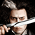 Pixelated image of a person holding a silver sword horizontally across their face, dark background, visible hand and partial clothing.