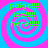 Four identical spiral patterns with alternating pink and blue rings, each containing green text reading "paige!!! izi!!!!! here!!!!!" in a pixelated font.