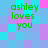 Green text 'ashley loves you' on a pixelated of cyan, purple, and pink squares