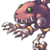 Pixelated cartoon monster with pink and purple body, green eye, sharp teeth, yellow accents on limbs, and multiple clawed appendages extending from its torso.