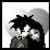 Pixelated black-and-white icon of two stylized figures with spiky hair and exaggerated facial features against a light background.