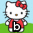 Hello Kitty character with red bow and red shirt holding black letter 'b' on blue sky-green grass background.