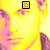 nine identical yellow-toned portraits with a single square icon changing position across frames