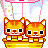 Two orange tabby cats with white accents sit side-by-side on a yellow platform beneath pink and blue decorative elements.