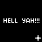 Black background with repeated white text 'HELL YAH!!!' and animated pixel symbols changing across three