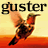 Pixelated static image featuring the word 'guster' above a stylized bird-like figure against a gradient background transitioning from yellow to orange-red.