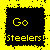 Yellow and black pixelated icon with 'Go Steelers!' text in yellow on a black background, surrounded by scattered yellow pixels.