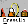 A 5x4 contact sheet of a pixel art animation showing a character dressing up in front of mirrors with repeated "Dress Up" text below each frame.