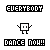 Pixel art icon set with two dancing robot figures and text banners in black, red, orange, and yellow on white background.