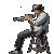 A pixelated image of a seated man playing a trumpet with musical notes floating around him, displayed in a of six showing animation frames