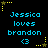 Pixelated text reads "Jessica loves brandon <3" in cyan on black, surrounded by yellow star-corner decorations with dotted lines.