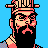 Pixel art portrait of a character with long black hair, red facial features, and a striped hat against a solid blue background.