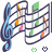 Pixelated icon featuring a blue treble clef, interconnected lines with colored segments in orange, green, pink, and white, two small heart symbols at bottom right.