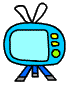 Blue cartoon television with antennae and legs, displaying various text states including 'NEWS', 'NEW!', and blank screens across four