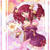 Pixelated character with long red hair, wearing a purple dress, holding a green object, standing against a pink and orange gradient background.