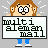Pixel art character with brown hair and orange shirt holds a sign reading 'multi alem an mall' in three sequential poses showing front, side, and back views.