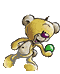 Animated yellow cartoon bear with purple nose and green orbs, performing walking motion