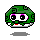 Pixelated green cartoon head with large eyes and red mouth, two views showing slight facial expression change.