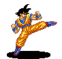 Four pixel-art frames of a character in orange and blue martial arts attire performing sequential kicking poses against gray background.
