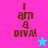 Four display "I am a DIVA!" text with pixelated brown letters on pink, blue, cyan, and light purple backgrounds; two star icons appear in bottom-right corners of the first and third
