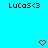 Pixelated text 'Luca5<3' appears twice on a cyan background with two red heart icons below.