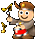 Pixelated character with brown hair and horns holds a golden musical instrument, red pants, gray jacket, smiling expression against light gray background.