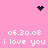 Pink background with pixelated black heart and starburst icons, repeated white text '06.30.08 i love you', and a central black dot cluster animation.