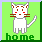 Pixel art cat icon with two animation frames showing mouth expression change, green background, and "home" text at bottom.