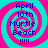 Four identical pixelated display text over a cyan and magenta spiral background with blue lettering