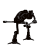 Black silhouette of a bipedal robot with red eyes, holding a long weapon, in various poses