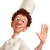 Pixelated cartoon character in white chef attire with tall hat, brown hair, and raised right hand in greeting gesture.