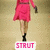 A woman in a pink dress walks on a beige background with text labels changing beneath her feet.
