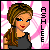 Pixelated avatar of a woman with brown braided hair, blue eyes, red lips, and gray sleeveless top against pink-and-white spiral background.