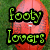 Pixelated green text on a red football-shaped background with green grass-like pixels behind.