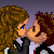 Pixel art animation of two cartoon characters kissing with romantic text overlay on a purple gradient background.