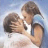 A static contact sheet of 11 frames showing a romantic couple kissing with repeated text variations on a blue background, displayed as an animated icon preview.