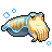 Pixelated creature with orange and blue patterns, light beige body, black outline, four small blue circles floating around it on gray background.