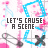 A repeating pattern of blue and pink shapes with text reading "LET'S CAUSE A SCENE" in varying colors across a white background.