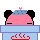Pixel art contact sheet of four animated frames showing a pink and white cartoon character with black ears peeking over blue desks, featuring red text and small hearts above the head.