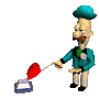 Animated cartoon character in teal suit and hat presses red bell with left hand while holding object in right, expression shifts from neutral to open mouth across frames.