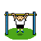 Pixelated character in white shirt and black shorts performs pull-ups on yellow bar with blue posts, showing facial expressions from neutral to strained.