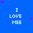 Blue background with repeated white text "I LOVE MEE" in three , scattered purple stars, and a gray rectangle on the right edge