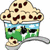 Pixelated image of a yogurt cup with chocolate chips, green and blue label, spoon holding a scoop, on white background.