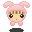 Pixel art contact sheet showing two frames of a pink bunny-eared character with large eyes and striped hair, displayed on gray background.