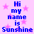 Pixelated blue text on a pink background with scattered purple stars, repeating 'Hi my name is Sunshine' in two